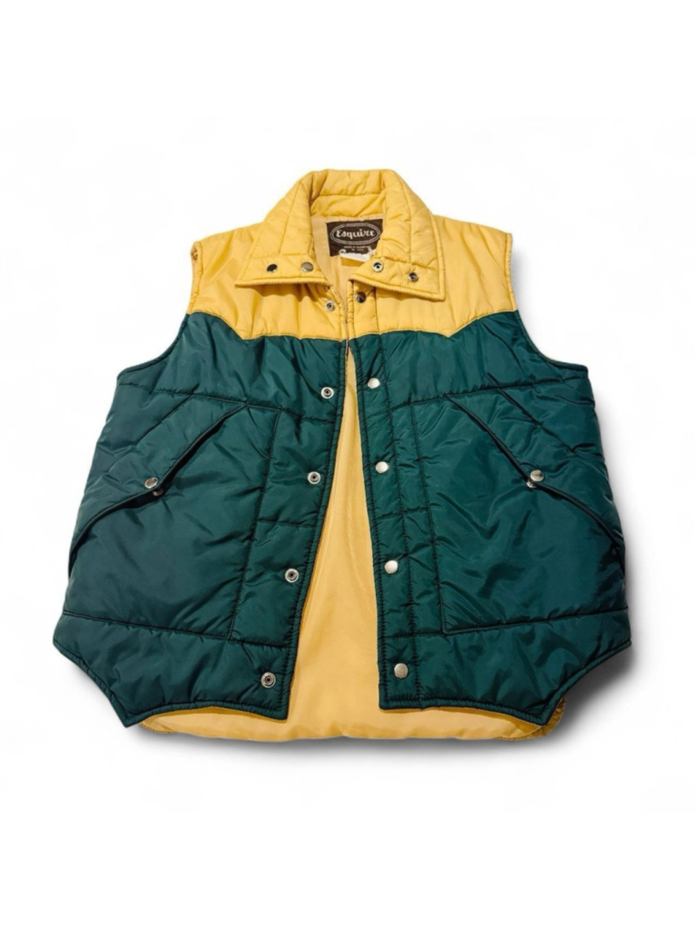 Vintage Esquire Color Block Puffer Vest Yellow Green Snap Front Western Gilet M